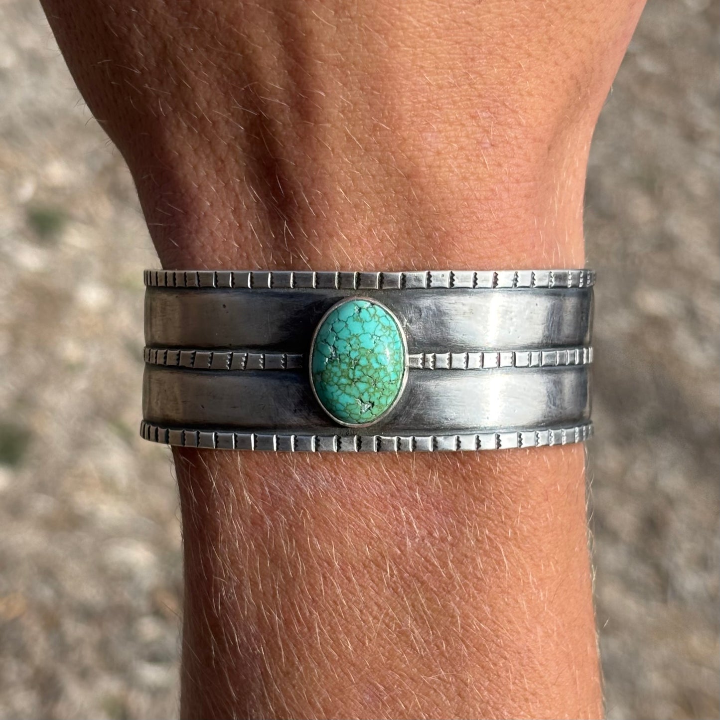 Three Rope Silver Cuff Bracelet with Lone Mountain Turquoise