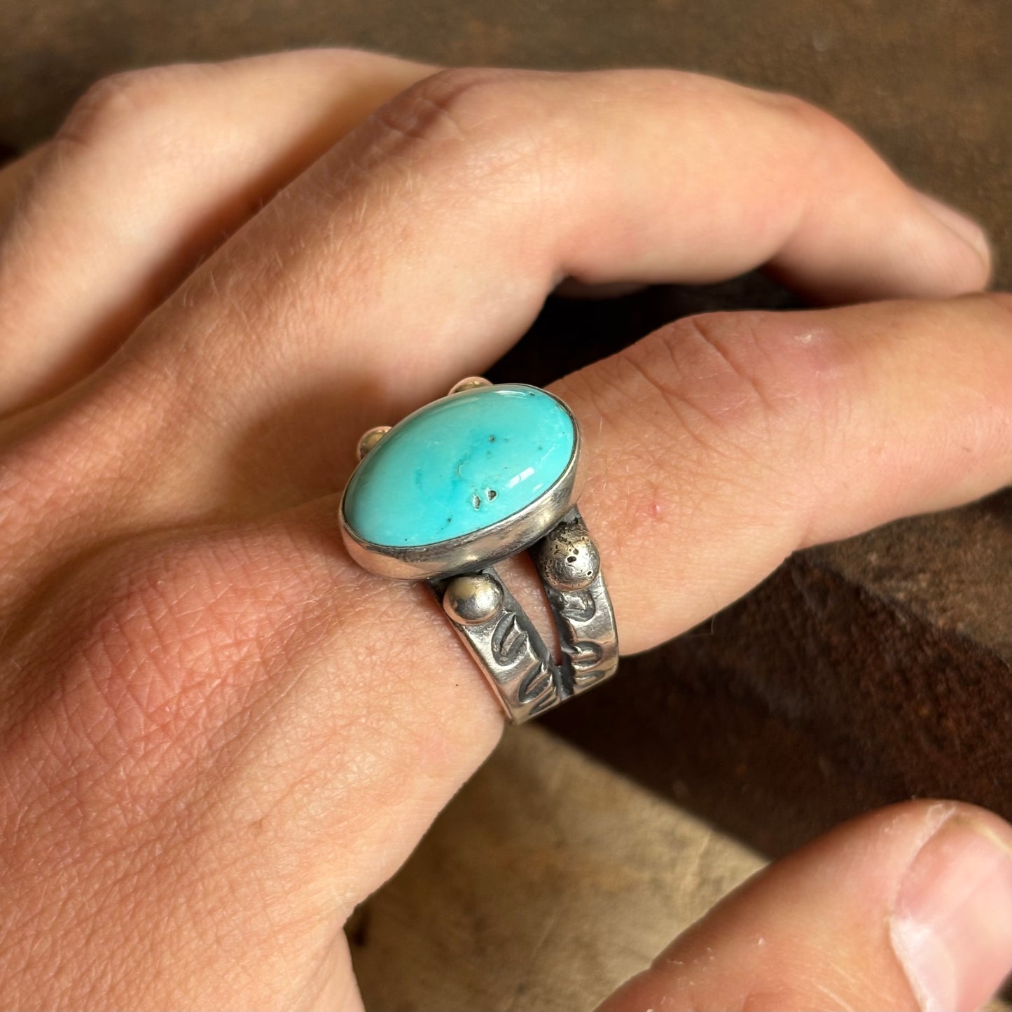 Coin Silver Split-shank Ring with Fox Turquoise