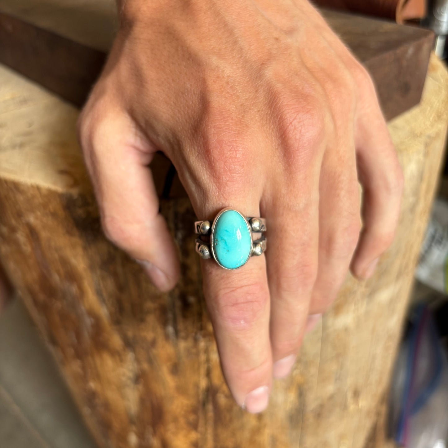 Coin Silver Split-shank Ring with Fox Turquoise