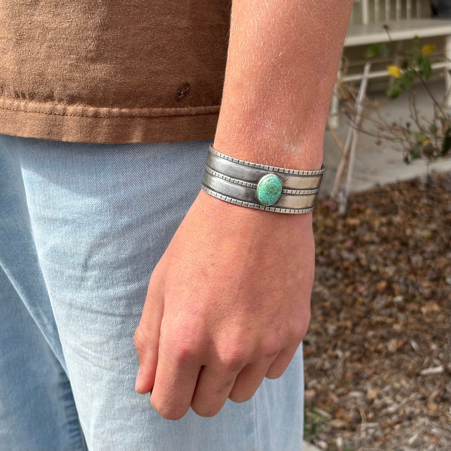 Three Rope Silver Cuff Bracelet with Lone Mountain Turquoise