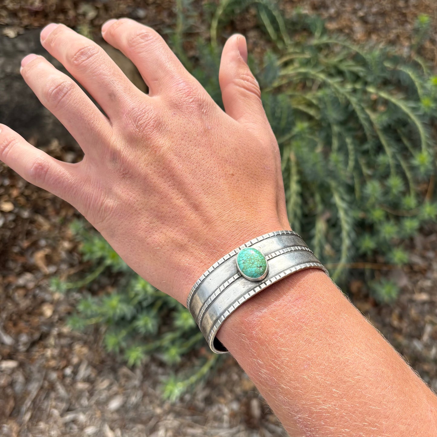Three Rope Silver Cuff Bracelet with Lone Mountain Turquoise