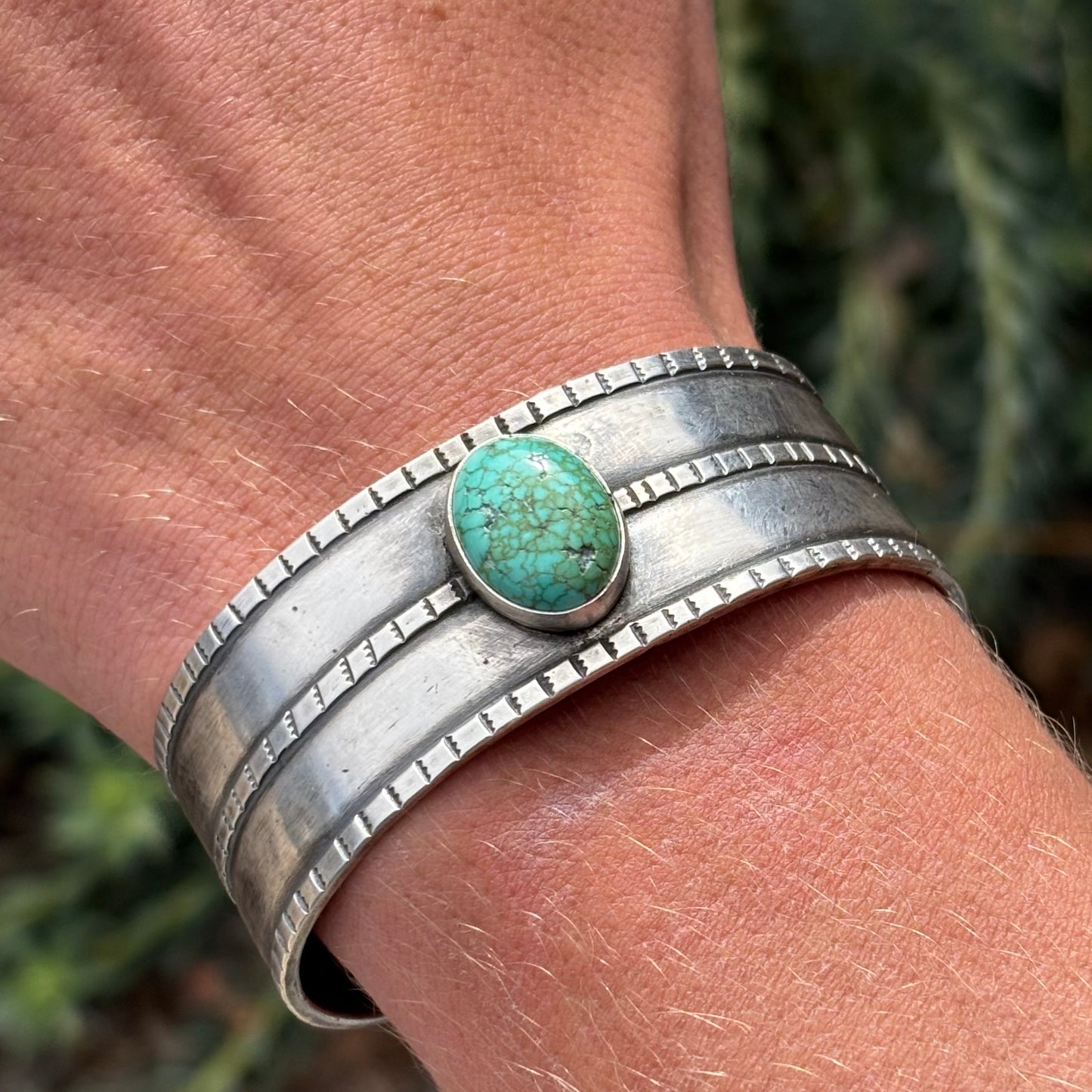 Three Rope Silver Cuff Bracelet with Lone Mountain Turquoise