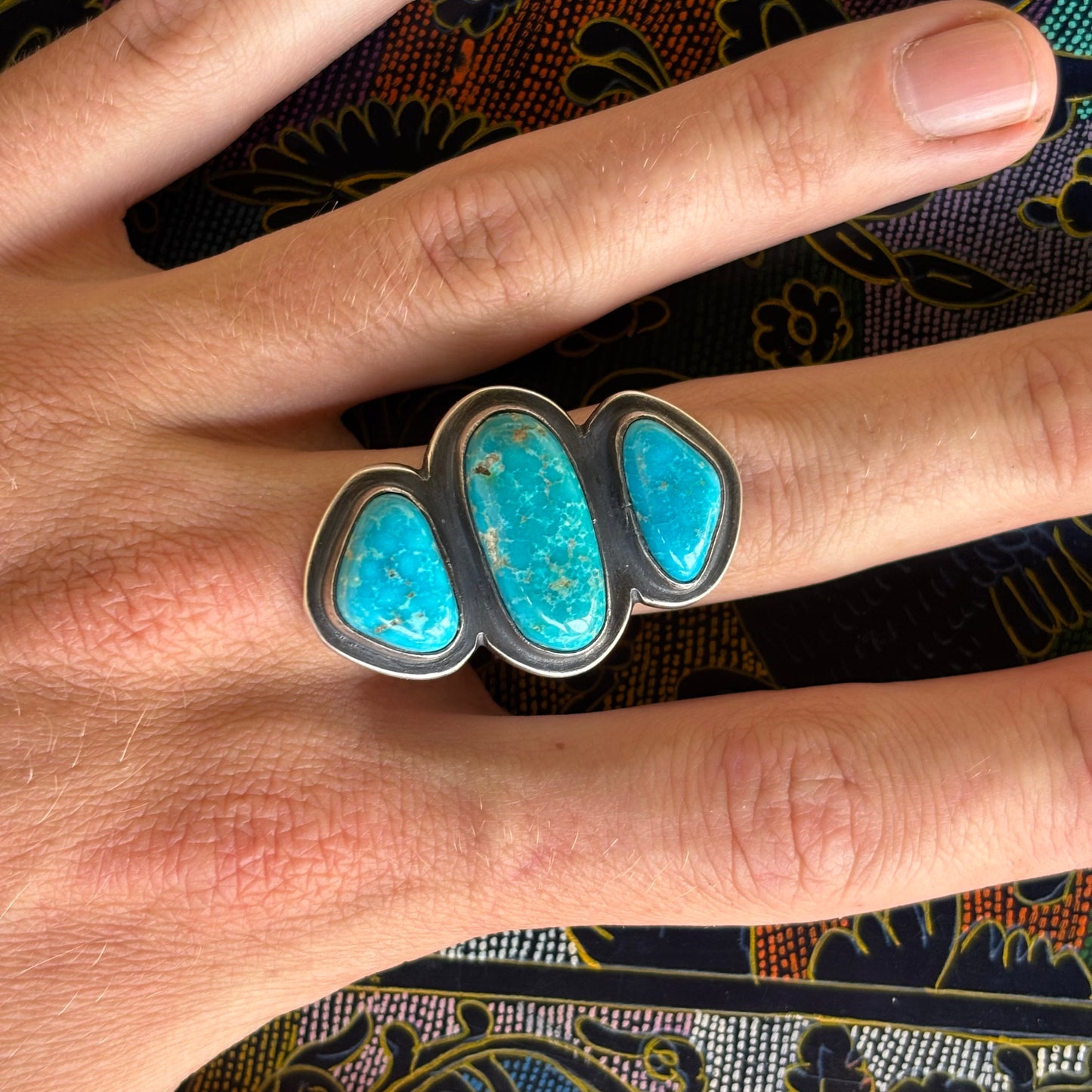 Red Mountain Turquoise and Sterling Three Stone Ring (Size 9 3/4)