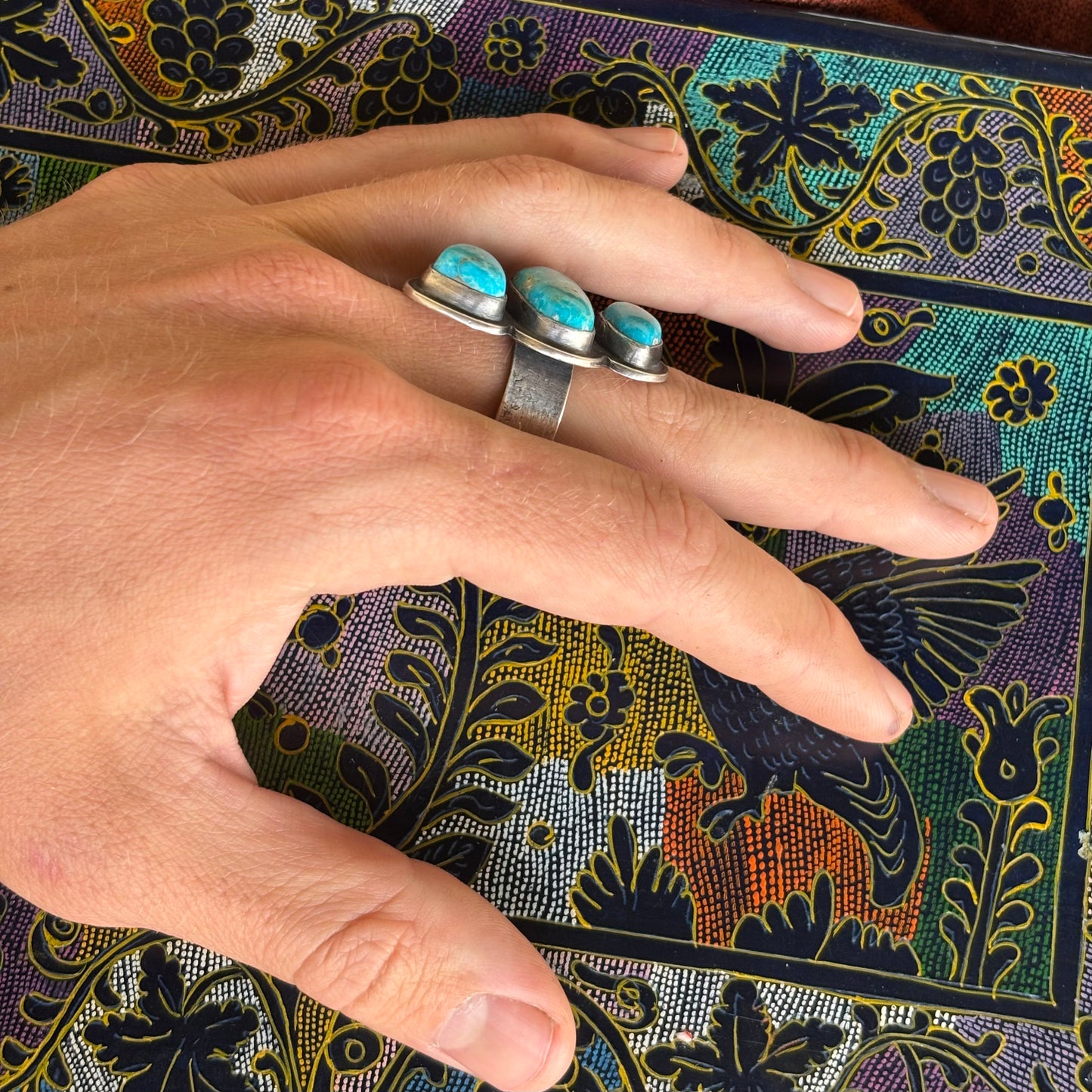 Red Mountain Turquoise and Sterling Three Stone Ring (Size 9 3/4)